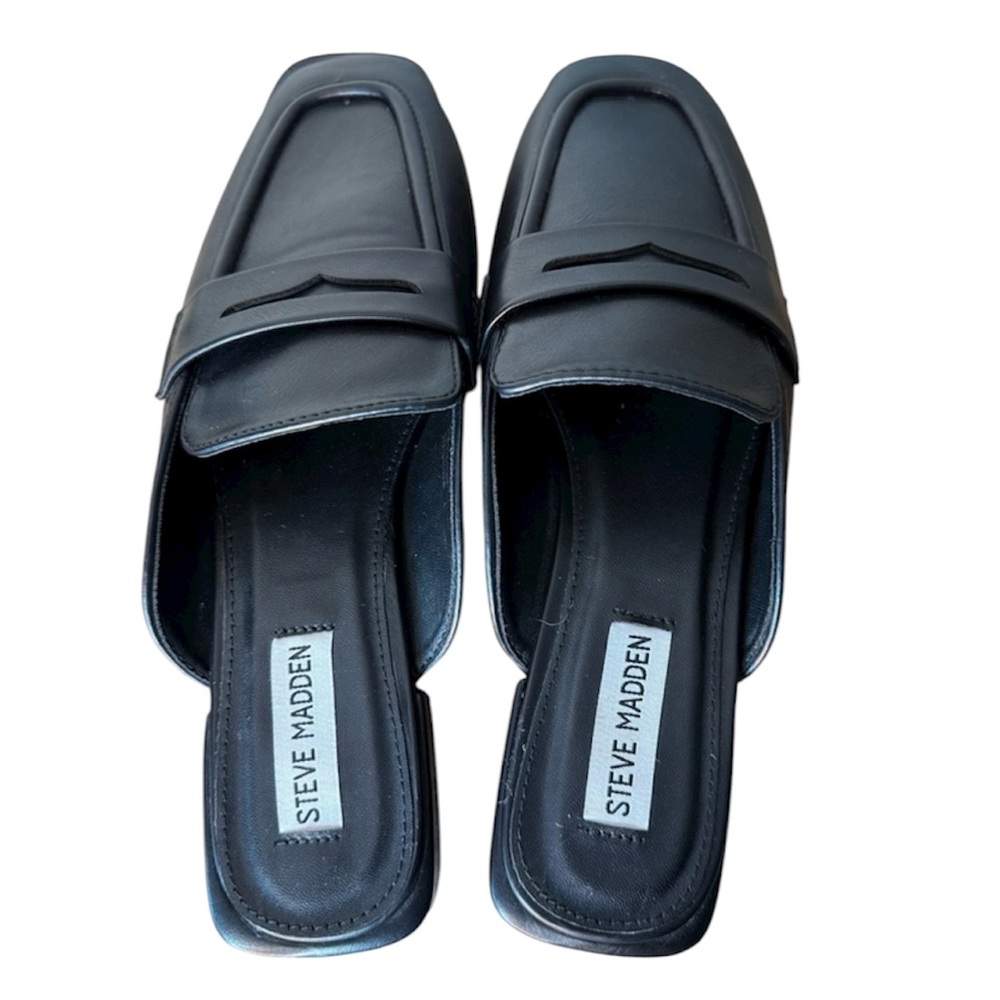Steve Madden Black Leather Square-Toe Mule Slides